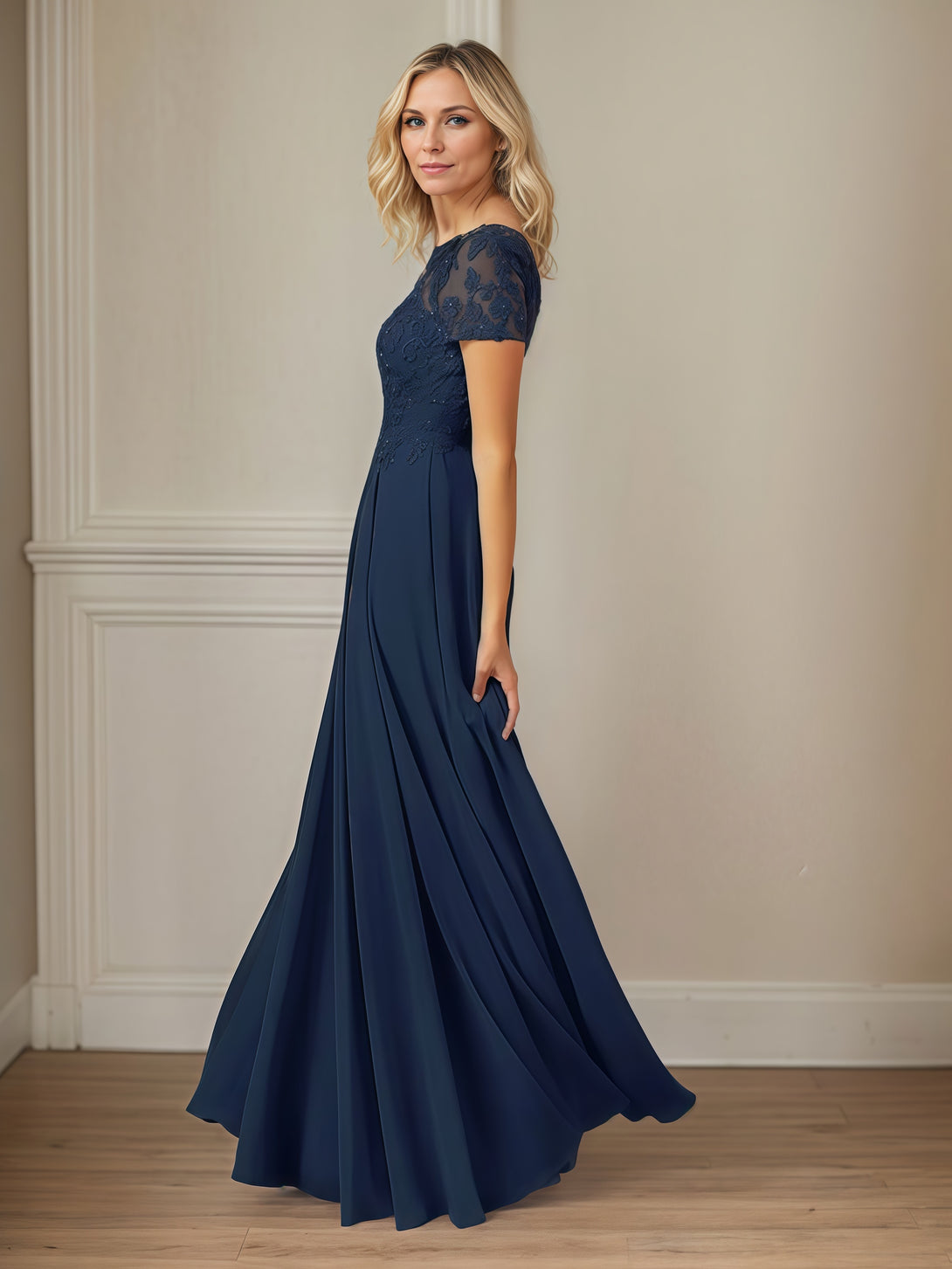Scoop Neck A-Line Illusion Short Sleeve Floor-Length Chiffon/Lace Mother of the Bride Dress With Appliques/Beads BabaMila