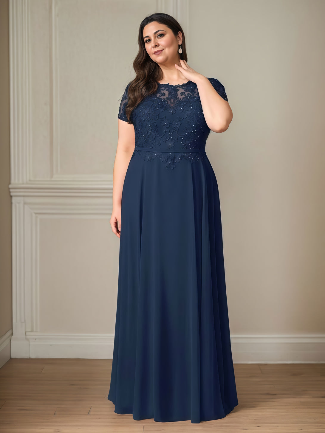 Scoop Neck A-Line Illusion Short Sleeve Floor-Length Chiffon/Lace Mother of the Bride Dress With Appliques/Beads BabaMila