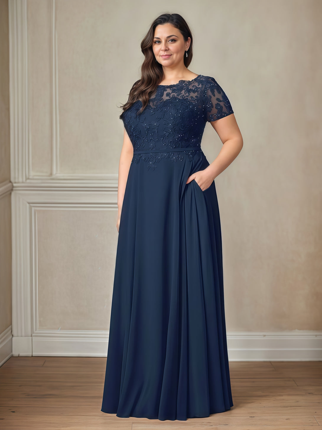 Scoop Neck A-Line Illusion Short Sleeve Floor-Length Chiffon/Lace Mother of the Bride Dress With Appliques/Beads BabaMila