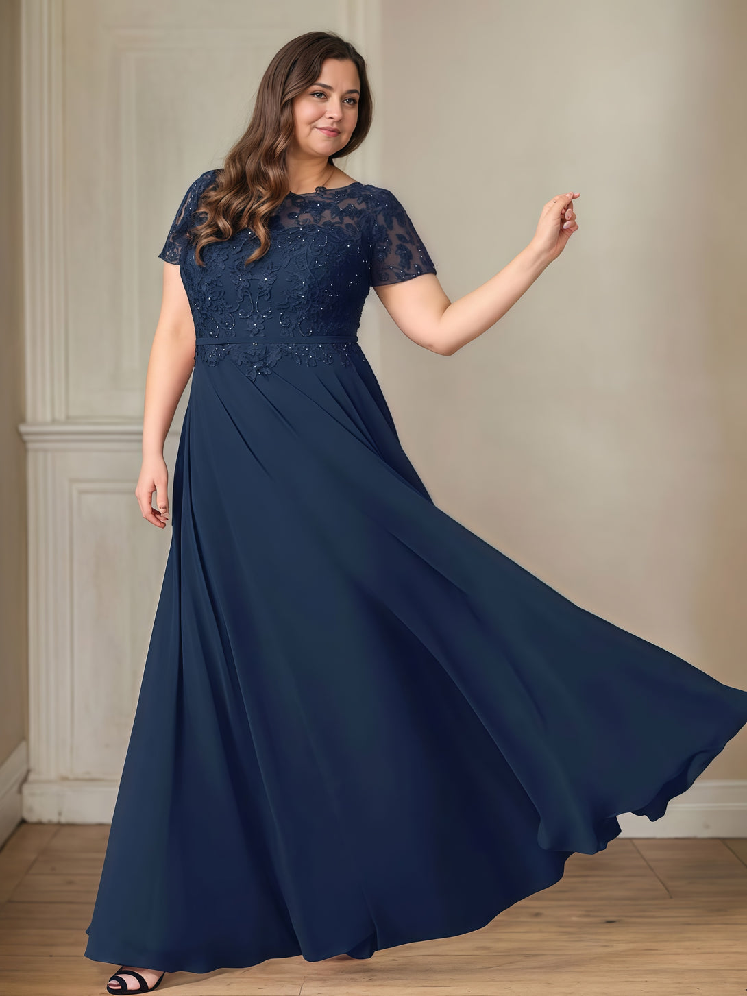 Scoop Neck A-Line Illusion Short Sleeve Floor-Length Chiffon/Lace Mother of the Bride Dress With Appliques/Beads BabaMila