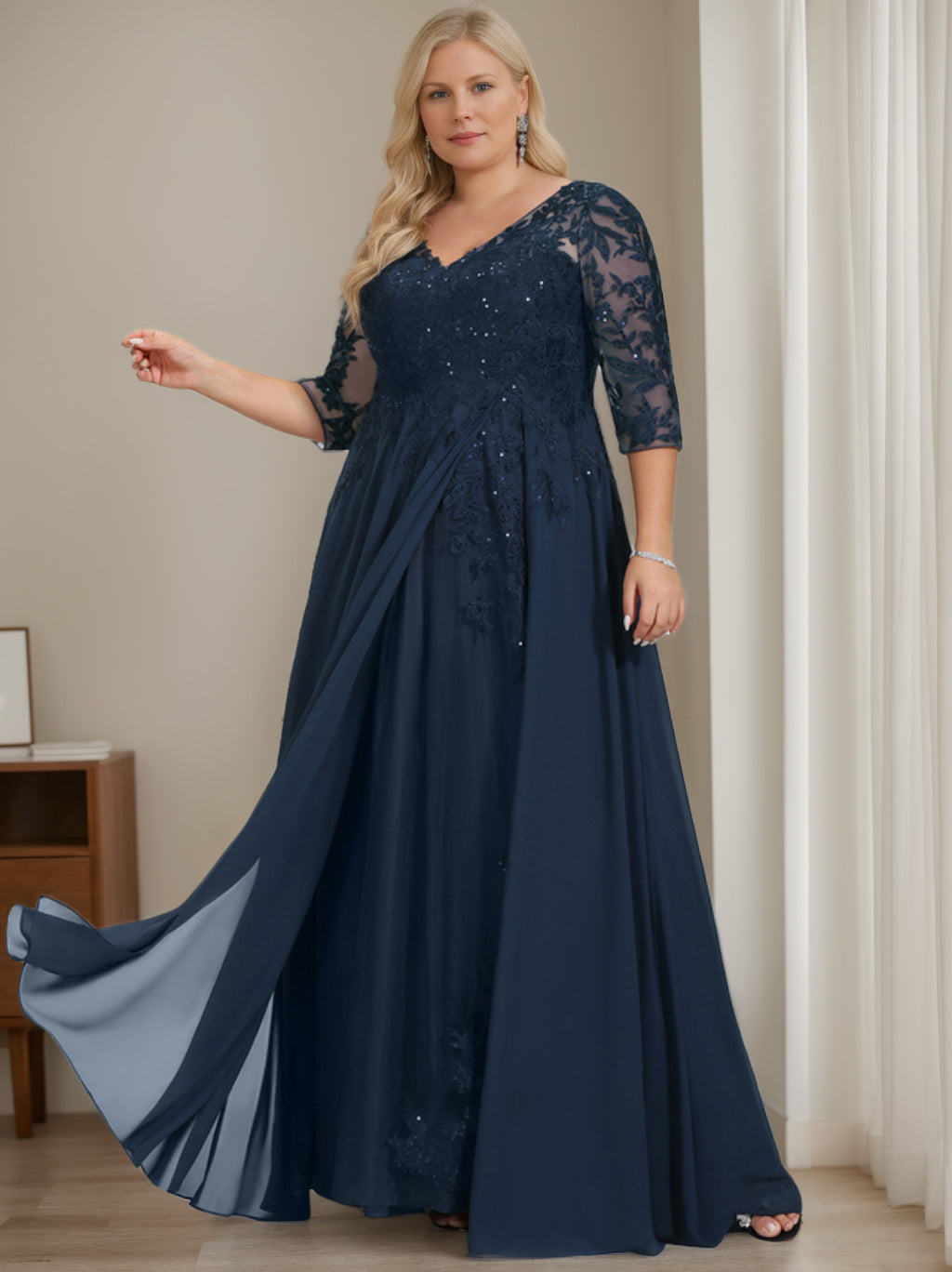 A-Line/Princess V-Neck Half Sleeves Floor-Length Plus Size Mother Of The Bride Dresses With Sequins BabaMila