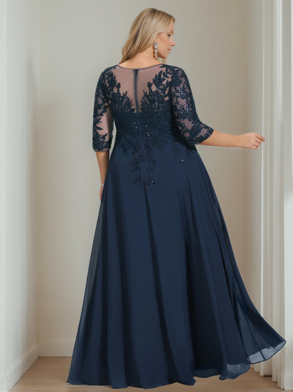 A-Line/Princess V-Neck Half Sleeves Floor-Length Plus Size Mother Of The Bride Dresses With Sequins BabaMila