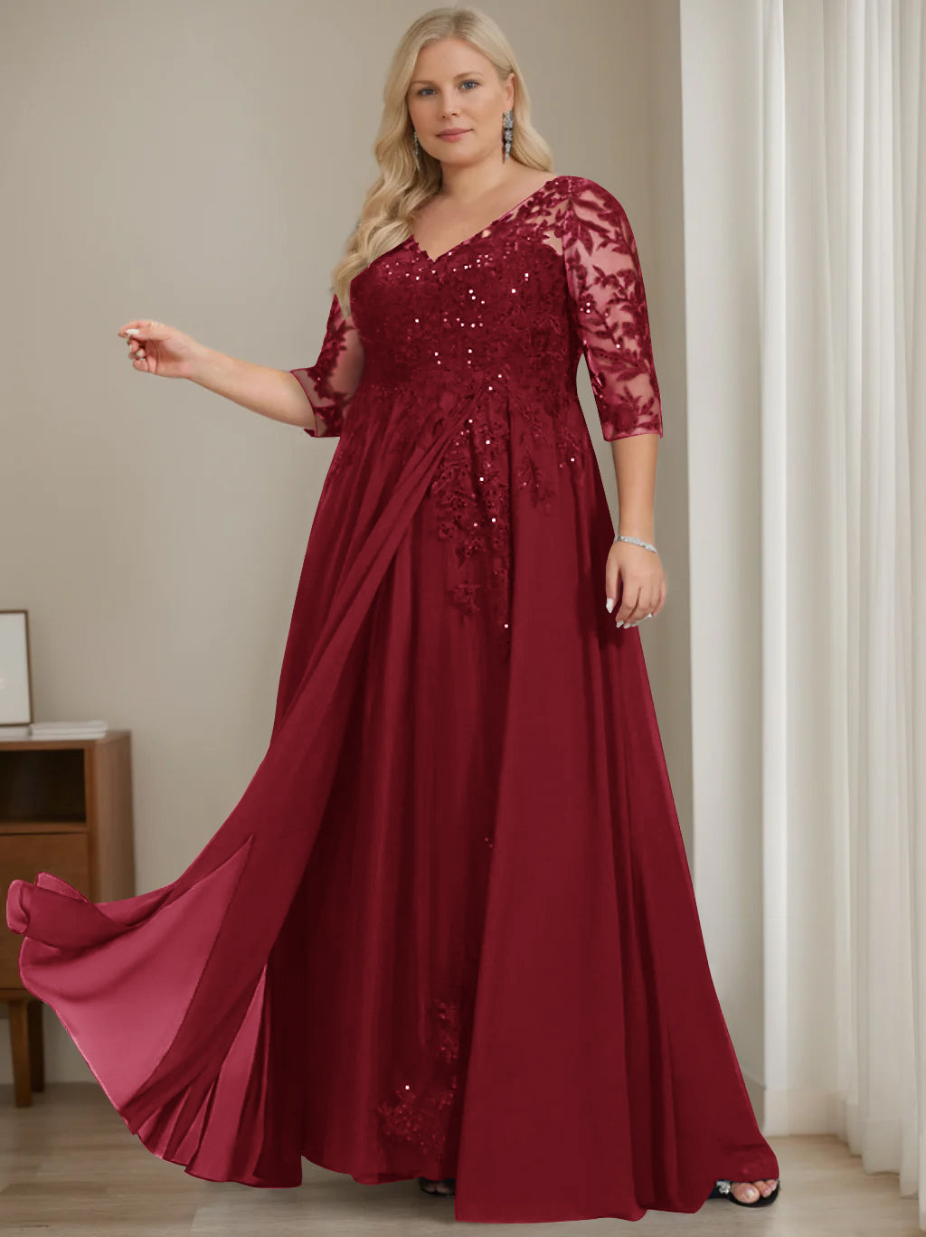 A-Line/Princess V-Neck Half Sleeves Floor-Length Plus Size Mother Of The Bride Dresses With Sequins BabaMila