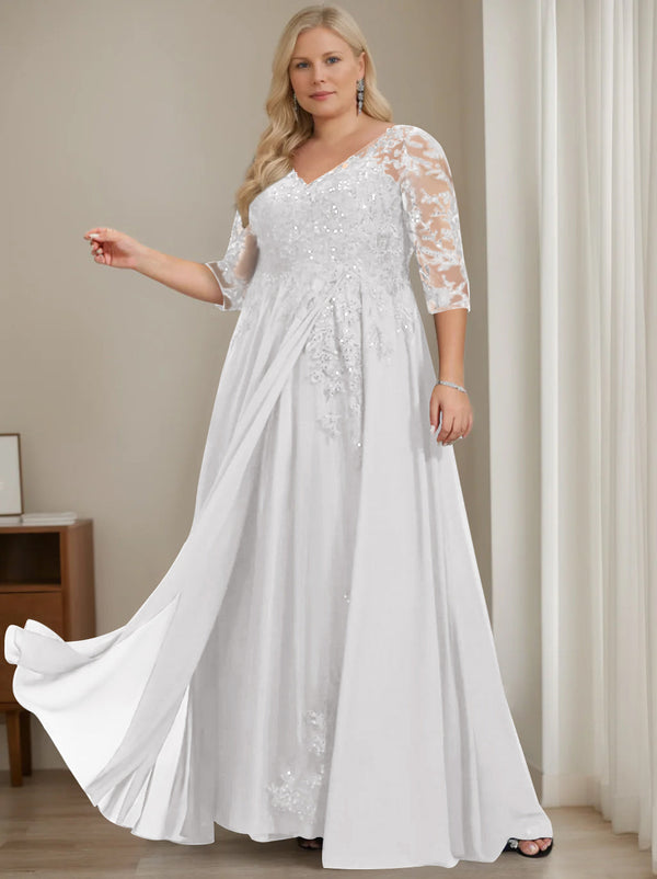 A-Line/Princess V-Neck Half Sleeves Floor-Length Plus Size Mother Of The Bride Dresses With Sequins BabaMila