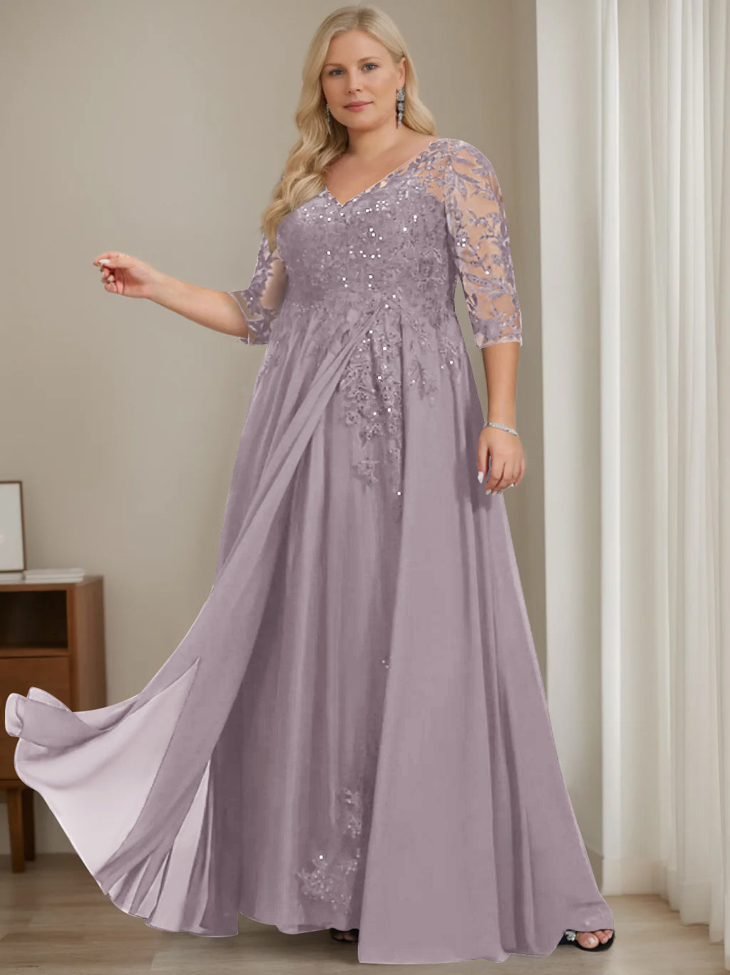 A-Line/Princess V-Neck Half Sleeves Floor-Length Plus Size Mother Of The Bride Dresses With Sequins BabaMila