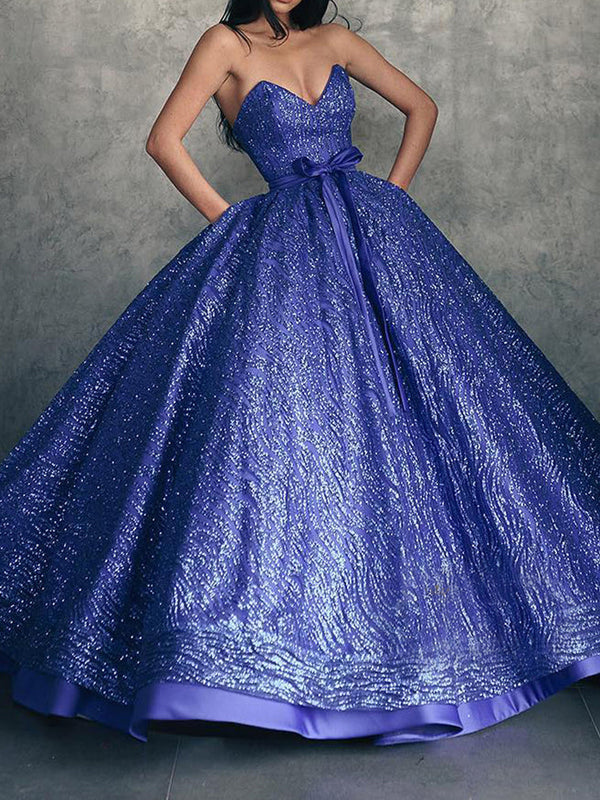 Ball Gown Strapless Satin/Sequined Tulle Floor-length Long Prom Dresses with Belt BabaMila