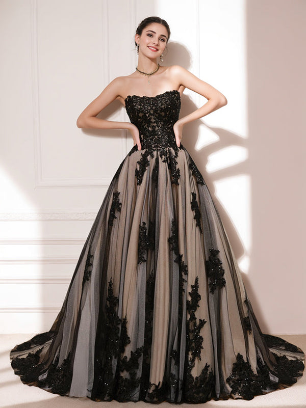 Ball Gown Strapless Sleeveless Black Wedding Dress with Beading & Appliques BabaMila