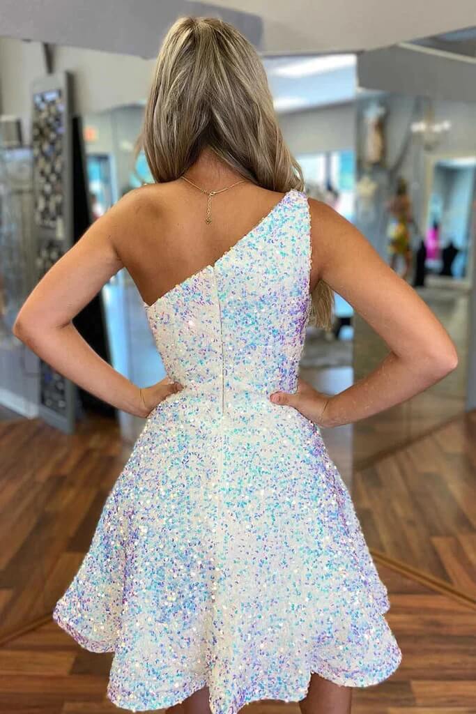A-Line One-Shoulder Sleeveless Sequins Ruffles Homecoming Dresses BabaMila