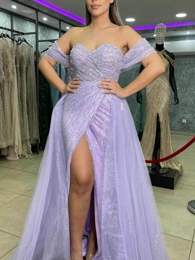 Sheath/Column Tulle/Sequined Lace Off-the-Shoulder Floor-length Prom Dresses With Sequins BabaMila