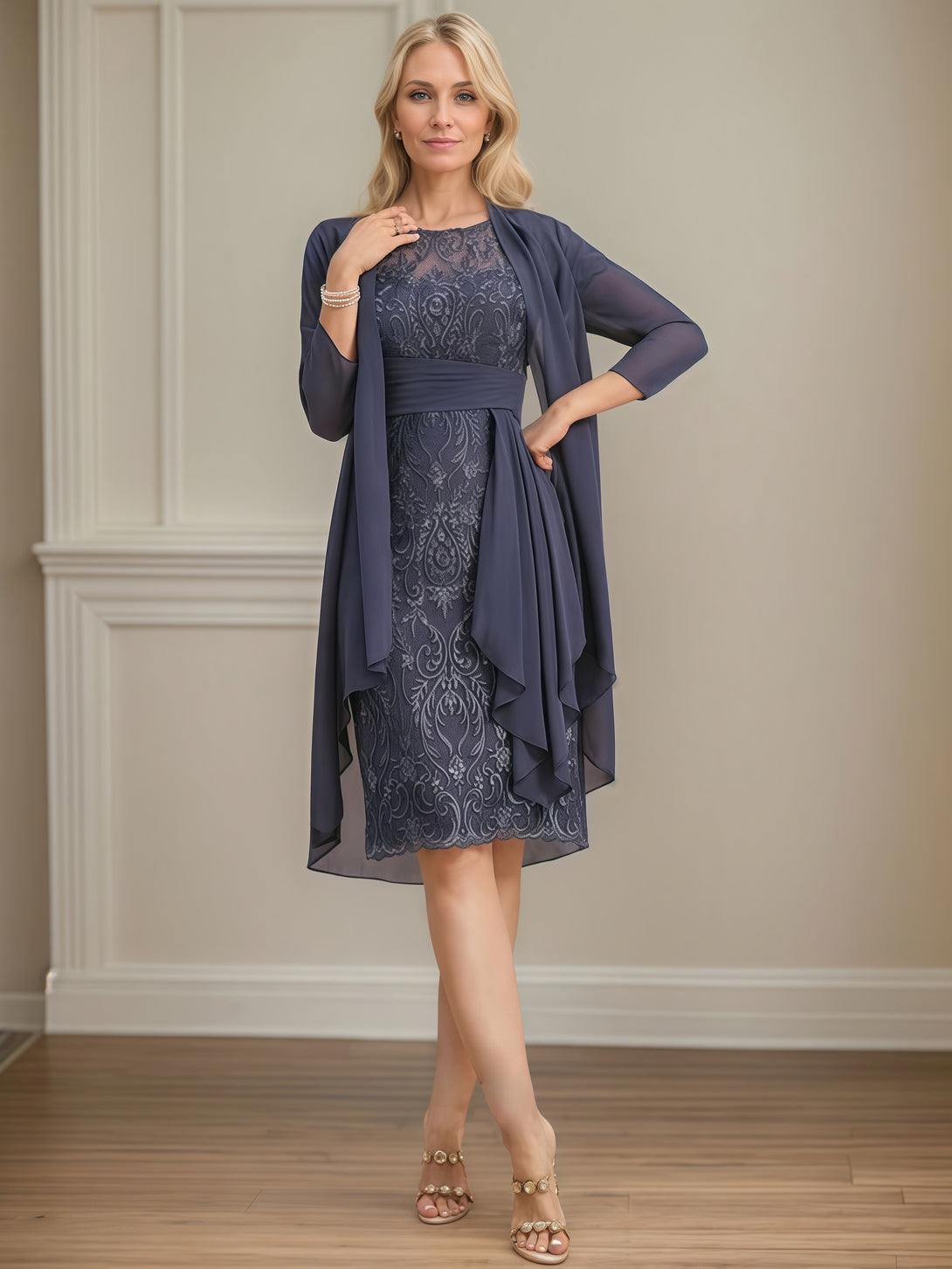 Scoop Neck Sheath Long Sleeve Knee-Length Lace/Chiffon Mother of the Bride Dress With Pleated/Appliques/Cascading Ruffles/Jacket BabaMila