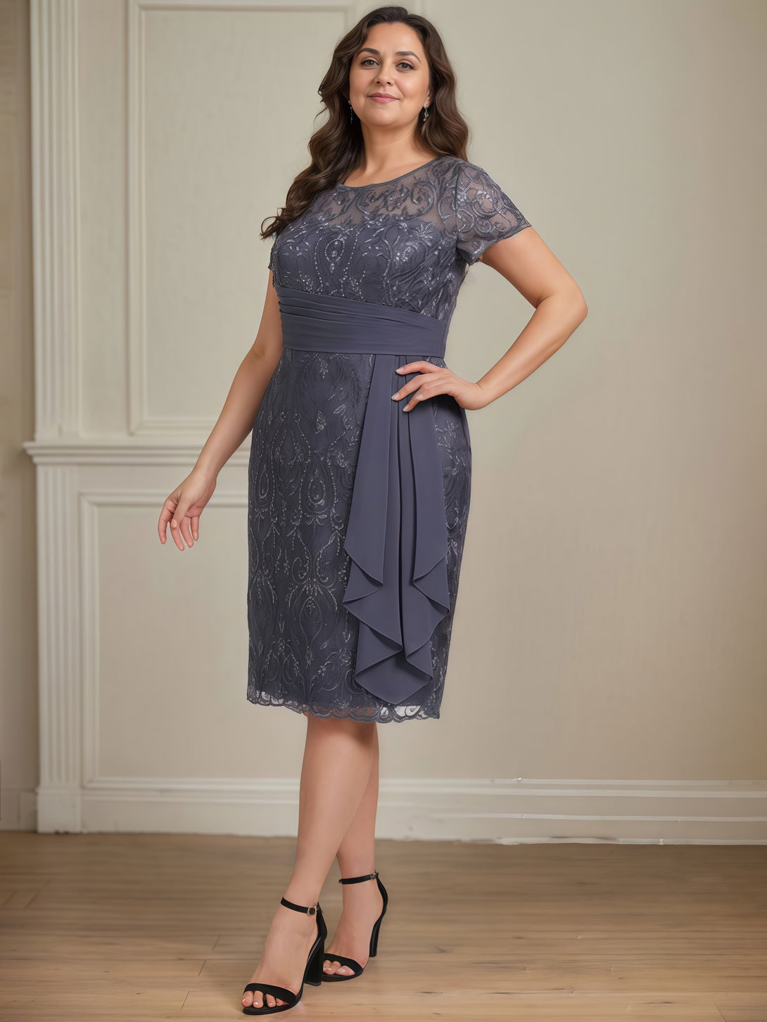 Scoop Neck Sheath Long Sleeve Knee-Length Lace/Chiffon Mother of the Bride Dress With Pleated/Appliques/Cascading Ruffles/Jacket BabaMila