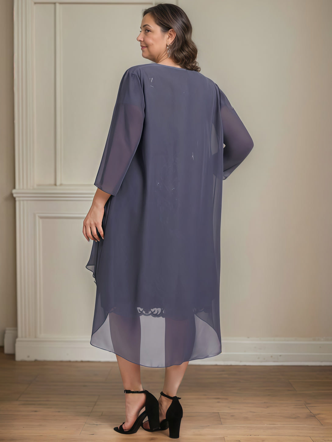 Scoop Neck Sheath Long Sleeve Knee-Length Lace/Chiffon Mother of the Bride Dress With Pleated/Appliques/Cascading Ruffles/Jacket BabaMila