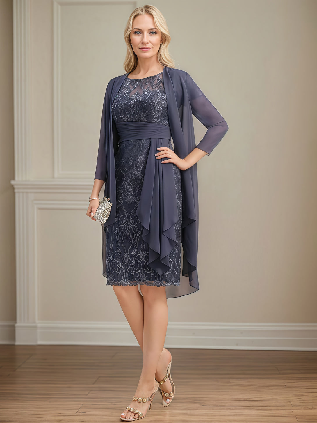 Scoop Neck Sheath Long Sleeve Knee-Length Lace/Chiffon Mother of the Bride Dress With Pleated/Appliques/Cascading Ruffles/Jacket BabaMila