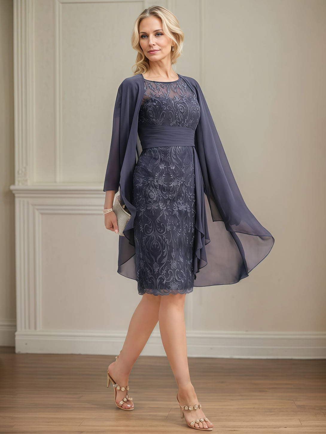 Scoop Neck Sheath Long Sleeve Knee-Length Lace/Chiffon Mother of the Bride Dress With Pleated/Appliques/Cascading Ruffles/Jacket BabaMila