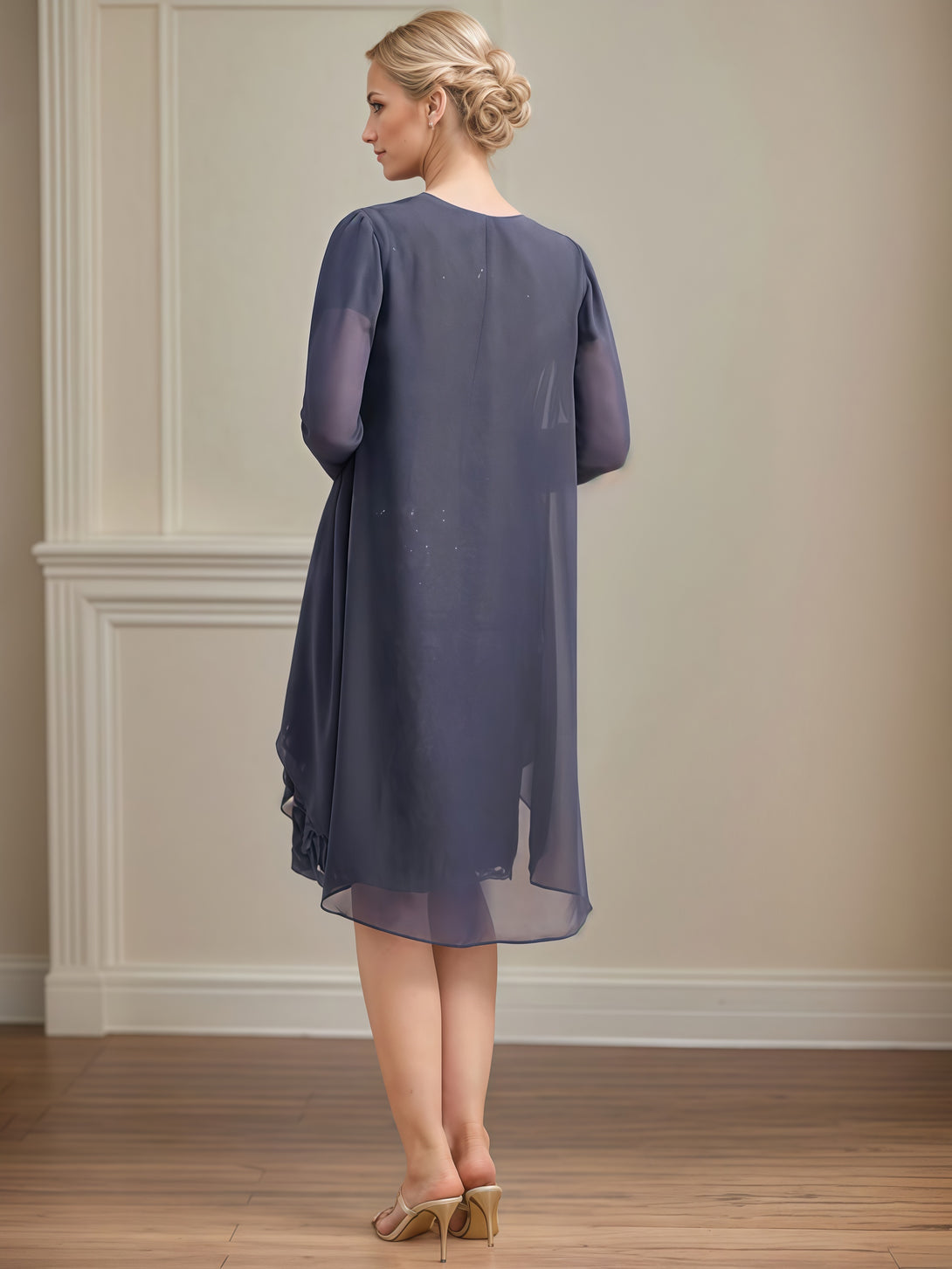 Scoop Neck Sheath Long Sleeve Knee-Length Lace/Chiffon Mother of the Bride Dress With Pleated/Appliques/Cascading Ruffles/Jacket BabaMila