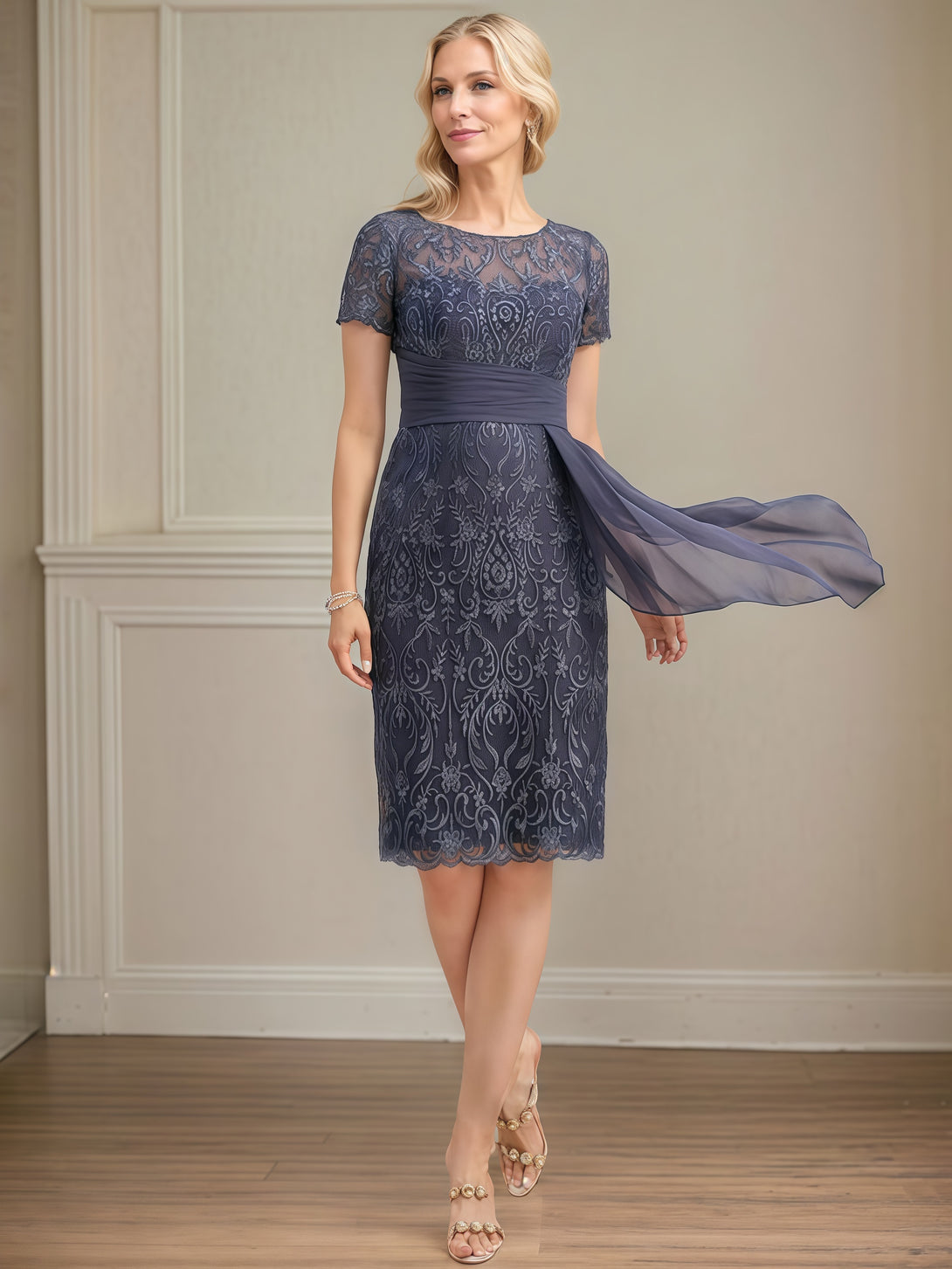 Scoop Neck Sheath Long Sleeve Knee-Length Lace/Chiffon Mother of the Bride Dress With Pleated/Appliques/Cascading Ruffles/Jacket BabaMila