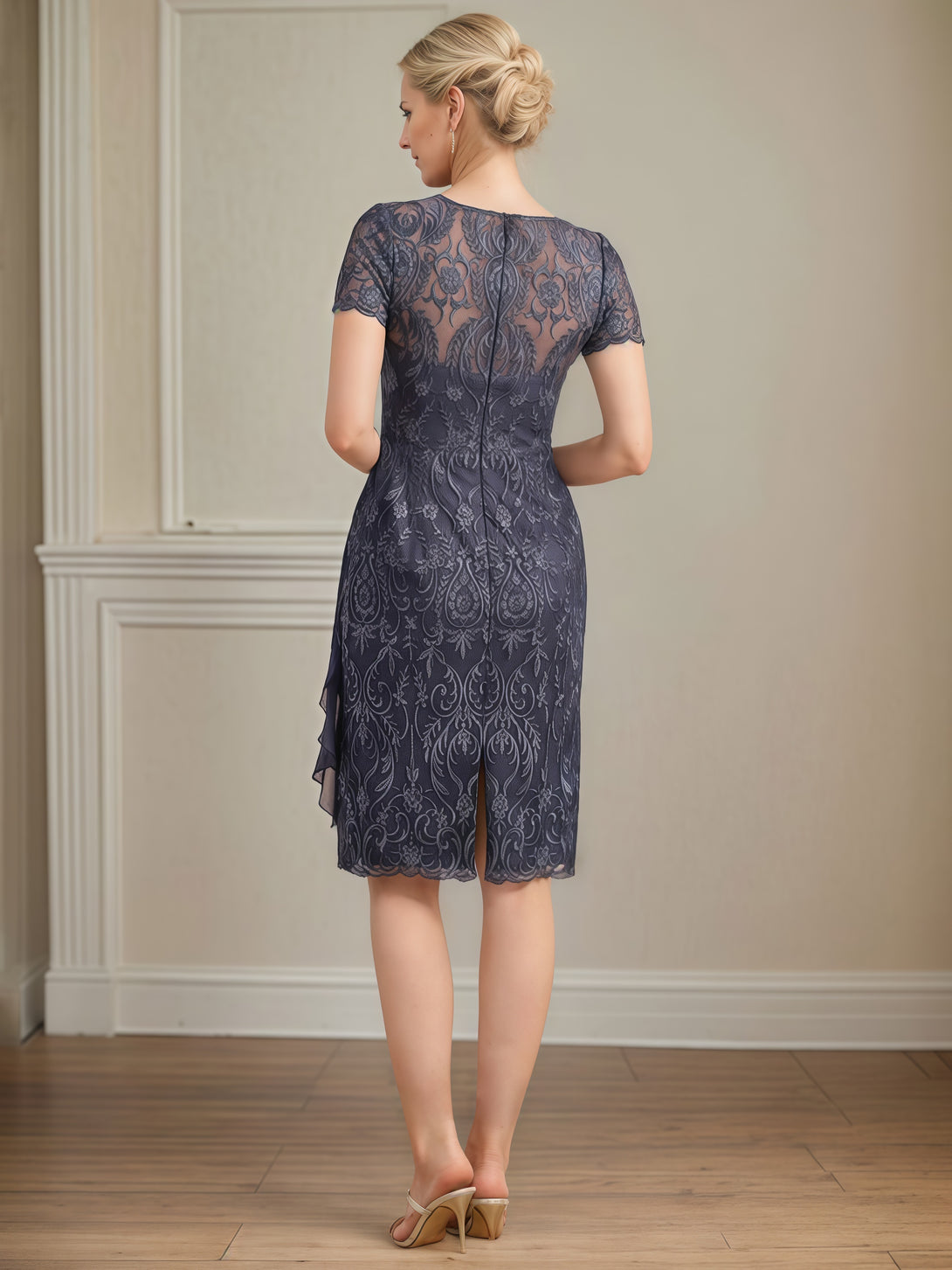 Scoop Neck Sheath Long Sleeve Knee-Length Lace/Chiffon Mother of the Bride Dress With Pleated/Appliques/Cascading Ruffles/Jacket BabaMila