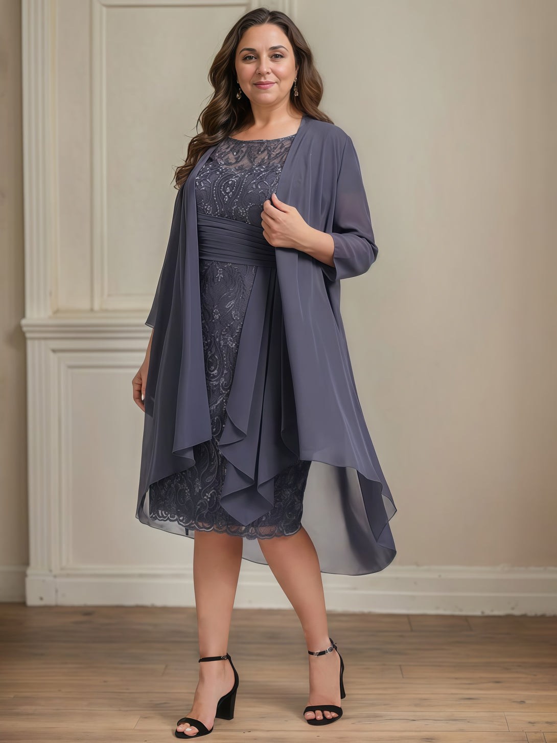 Scoop Neck Sheath Long Sleeve Knee-Length Lace/Chiffon Mother of the Bride Dress With Pleated/Appliques/Cascading Ruffles/Jacket BabaMila