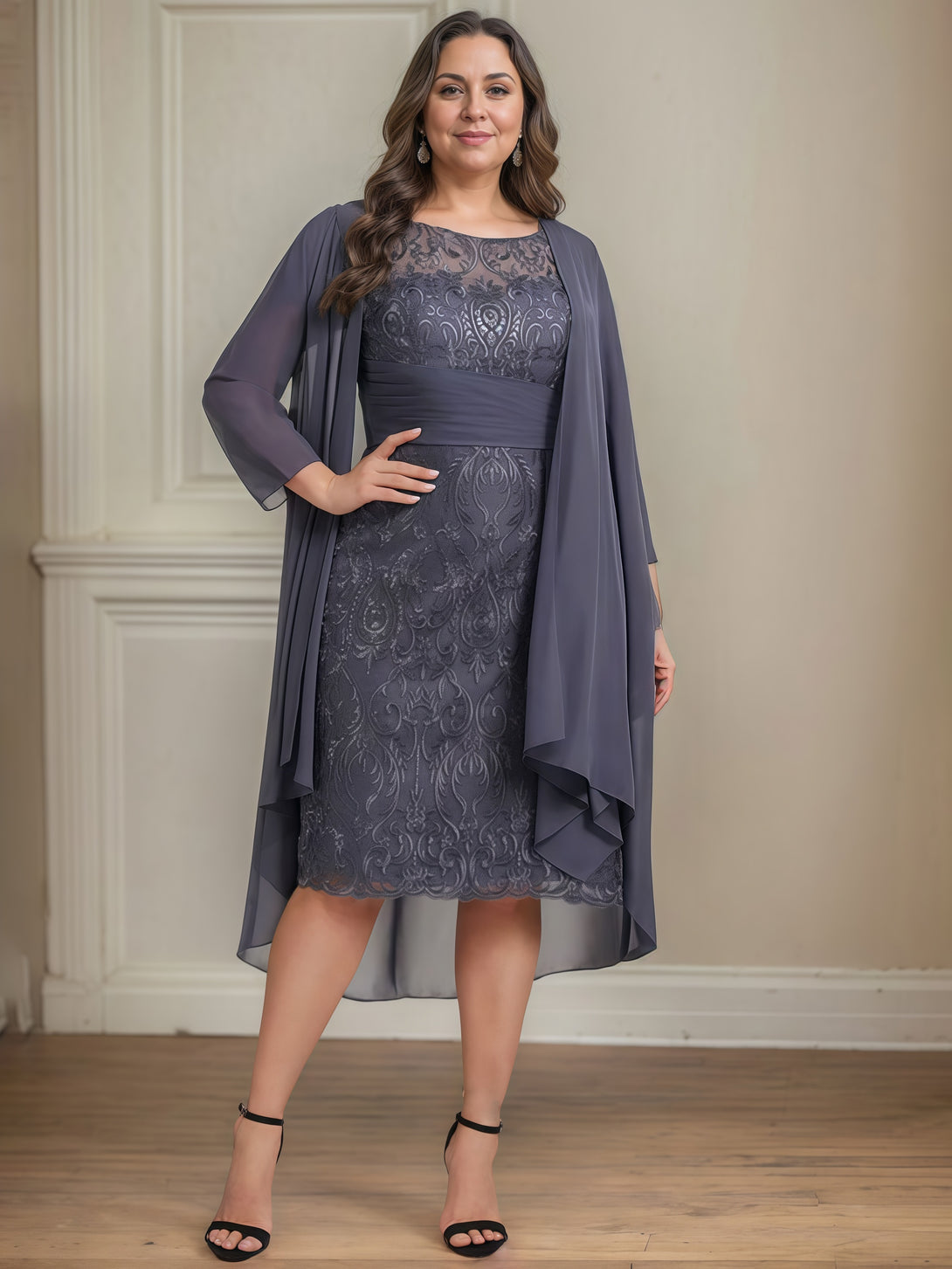 Scoop Neck Sheath Long Sleeve Knee-Length Lace/Chiffon Mother of the Bride Dress With Pleated/Appliques/Cascading Ruffles/Jacket BabaMila