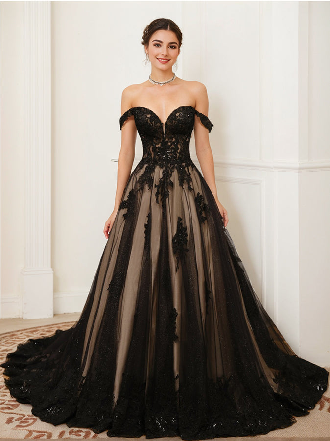 A-Line/Princess Off-the-Shoulder Sleeveless Tulle Wedding Dress with Appliques & Beading BabaMila