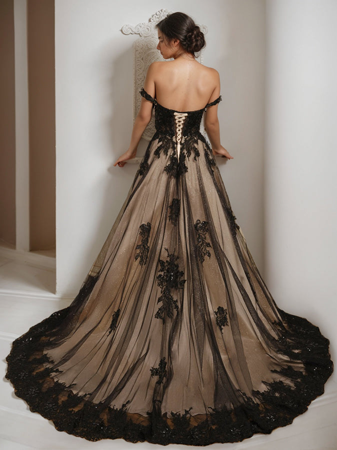 A-Line/Princess Off-the-Shoulder Sleeveless Tulle Wedding Dress with Appliques & Beading BabaMila