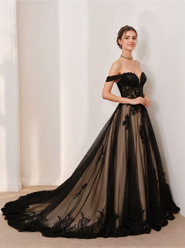 A-Line/Princess Off-the-Shoulder Sleeveless Tulle Wedding Dress with Appliques & Beading BabaMila