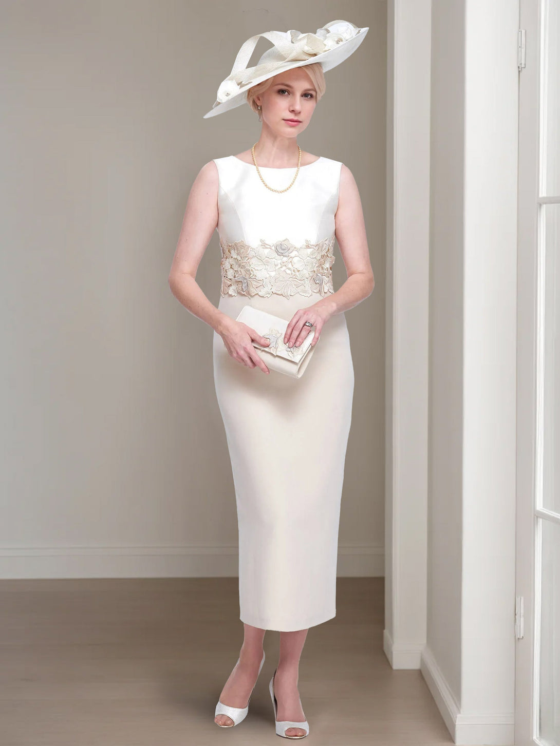 2 Pieces Round Neck Tea-Length Mother Of The Bride Dresses With Jacket & Lace Appliques BabaMila