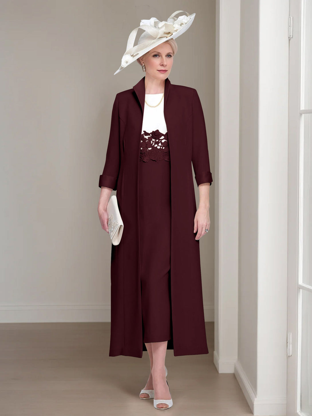 2 Pieces Round Neck Tea-Length Mother Of The Bride Dresses With Jacket & Lace Appliques BabaMila