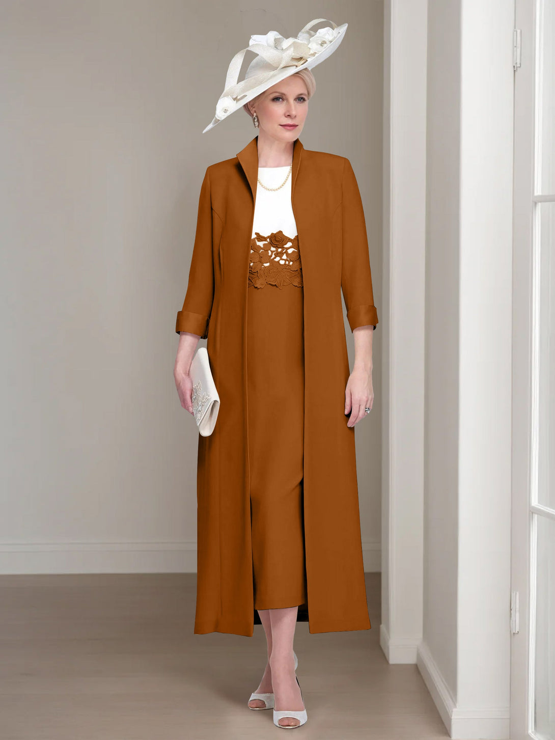 2 Pieces Round Neck Tea-Length Mother Of The Bride Dresses With Jacket & Lace Appliques BabaMila