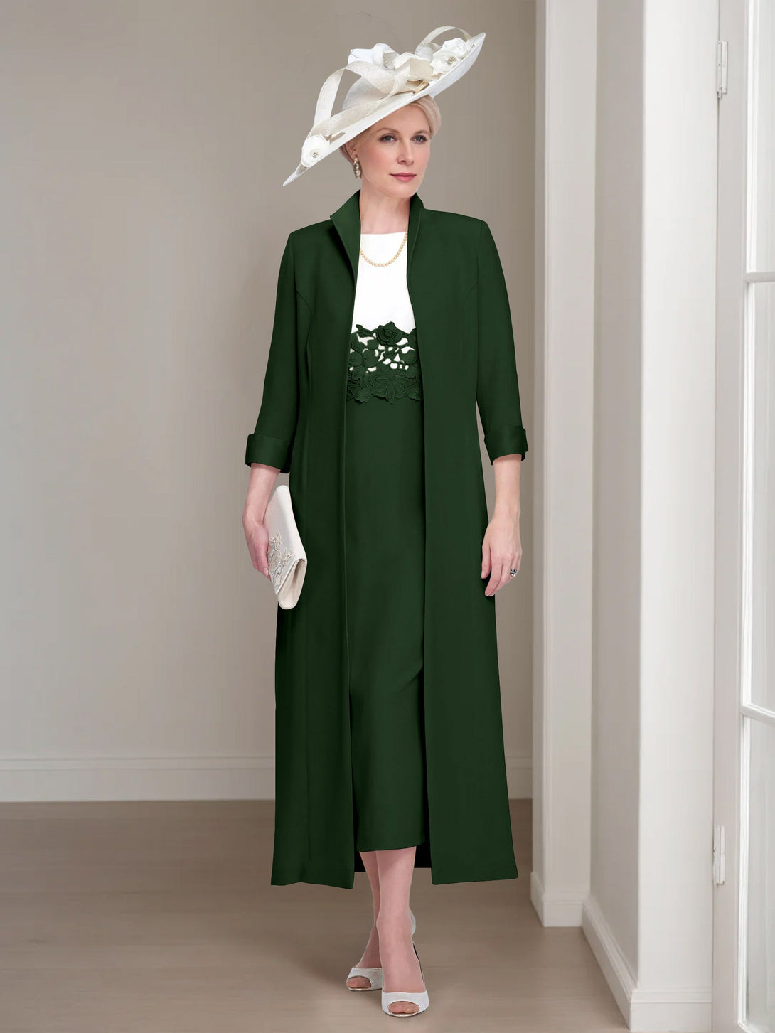 2 Pieces Round Neck Tea-Length Mother Of The Bride Dresses With Jacket & Lace Appliques BabaMila