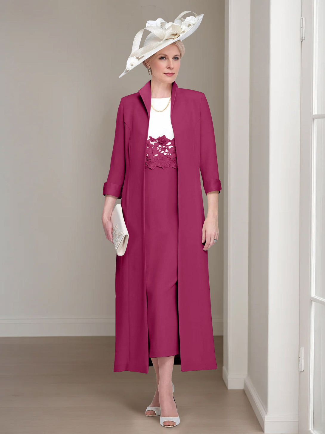 2 Pieces Round Neck Tea-Length Mother Of The Bride Dresses With Jacket & Lace Appliques BabaMila