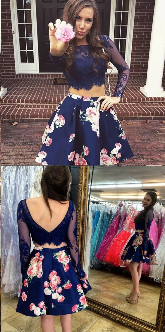 Two Piece Homecoming Dresses Floral Print Long Sleeve Short Prom Dress Party Dress Homecoming Dress BabaMila