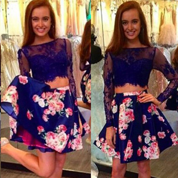 Two Piece Homecoming Dresses Floral Print Long Sleeve Short Prom Dress Party Dress Homecoming Dress BabaMila