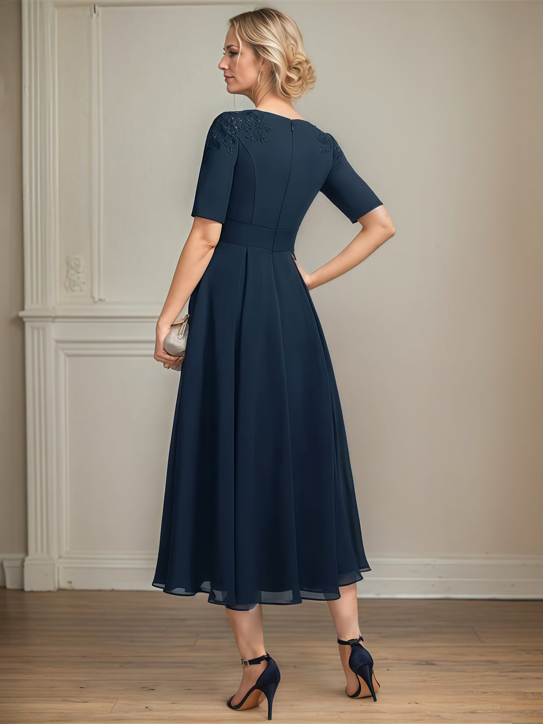 Scoop Neck A-Line Half Sleeve Tea-Length Chiffon Mother of the Bride Dress With Appliques BabaMila