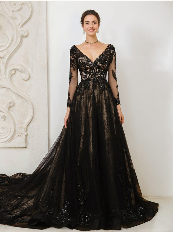A-Line/Princess V-Neck Black Long Sleeves Tulle Wedding Dress with Appliques & Beading BabaMila