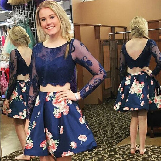 Two Piece Homecoming Dresses Floral Print Long Sleeve Short Prom Dress Party Dress Homecoming Dress BabaMila