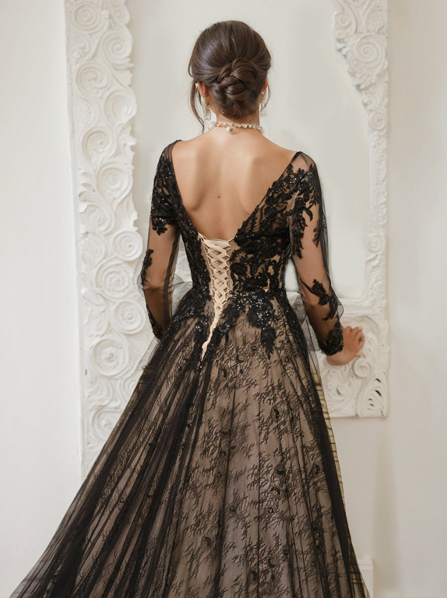 A-Line/Princess V-Neck Black Long Sleeves Tulle Wedding Dress with Appliques & Beading BabaMila