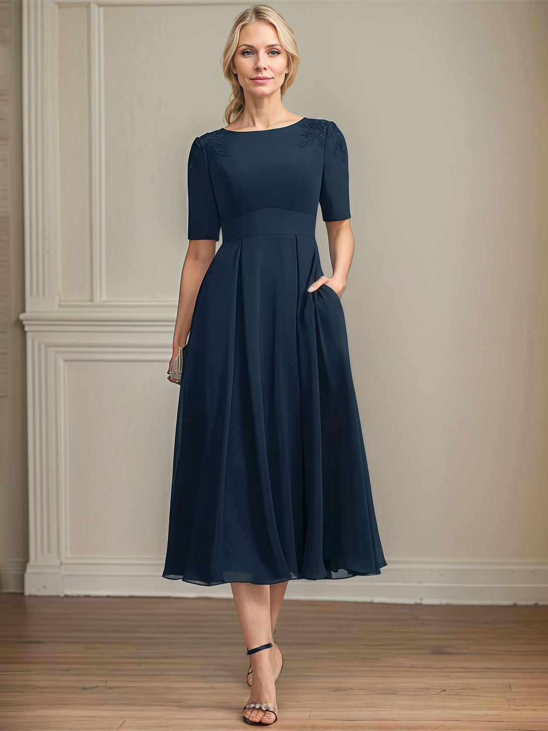 Scoop Neck A-Line Half Sleeve Tea-Length Chiffon Mother of the Bride Dress With Appliques BabaMila