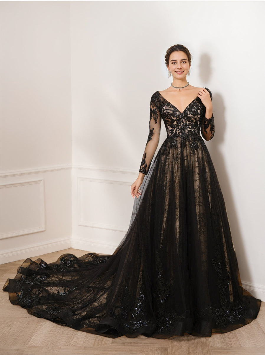 A-Line/Princess V-Neck Black Long Sleeves Tulle Wedding Dress with Appliques & Beading BabaMila