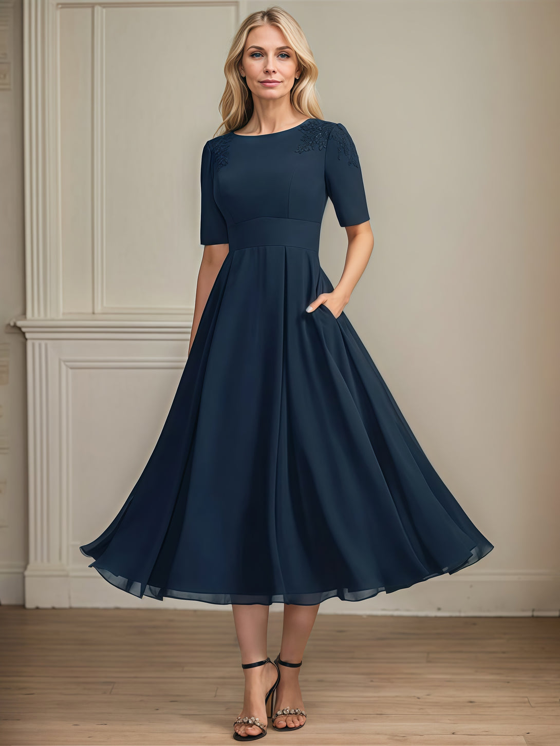 Scoop Neck A-Line Half Sleeve Tea-Length Chiffon Mother of the Bride Dress With Appliques BabaMila