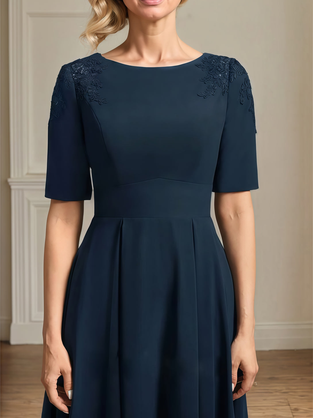 Scoop Neck A-Line Half Sleeve Tea-Length Chiffon Mother of the Bride Dress With Appliques BabaMila