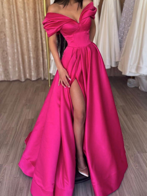 A-Line/Princess Off-the-Shoulder Short Sleeves Long Prom Dresses With Split Side BabaMila