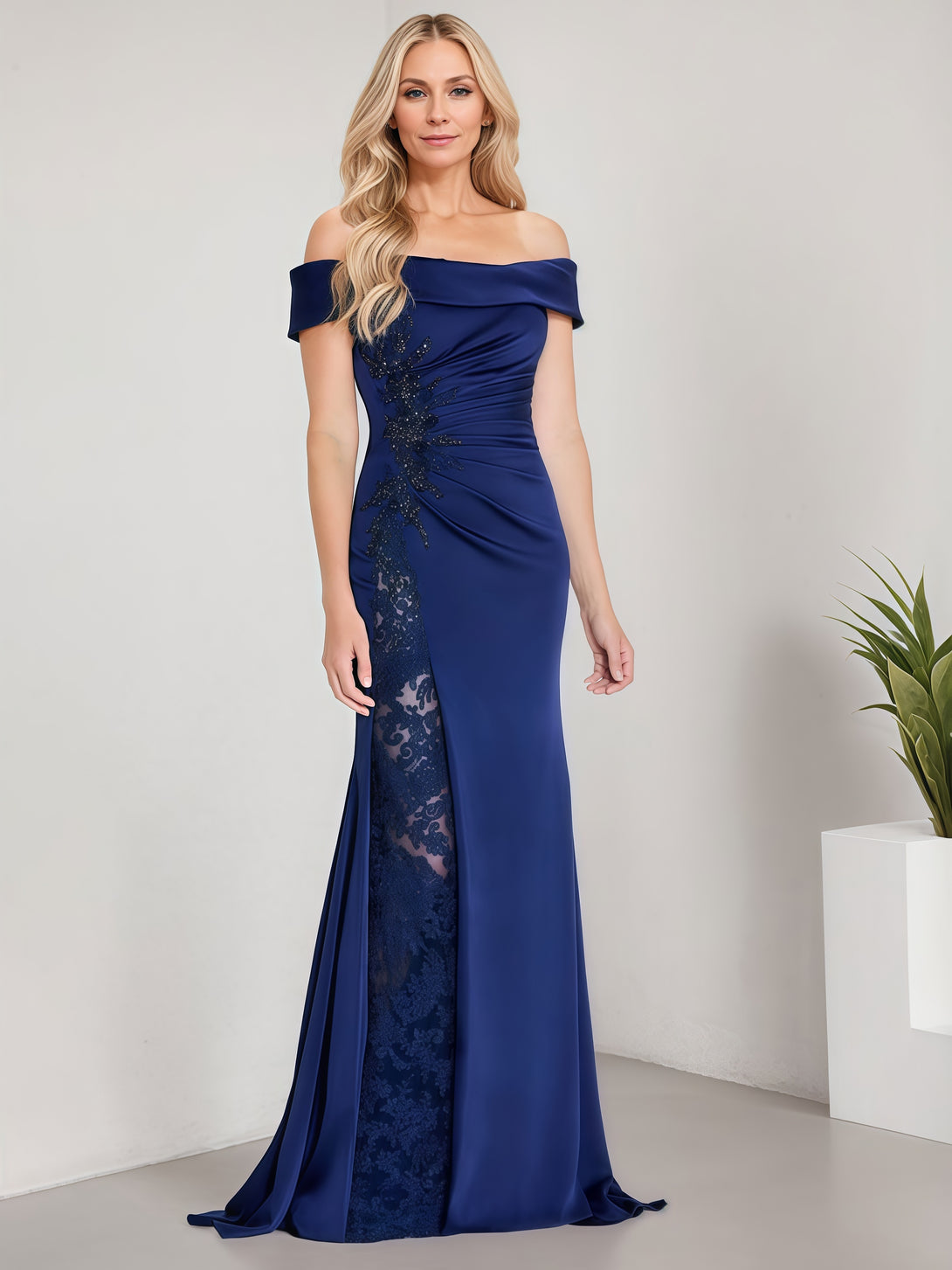 Off-the-Shoulder Mermaid Court Train Lace/Satin Mother of the Bride Dress With Pleated/Appliques BabaMila