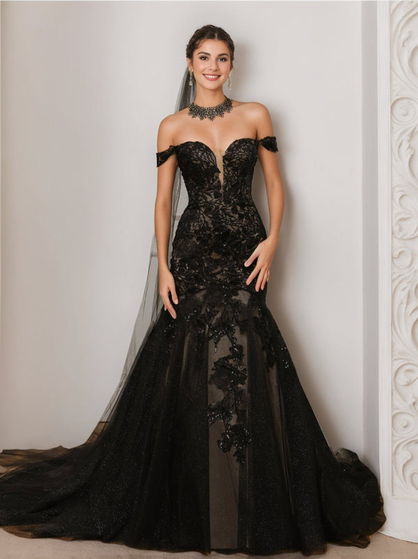 Trumpet/Mermaid Black Off-the-Shoulder Sleeveless Tulle Wedding Dress with Appliques BabaMila