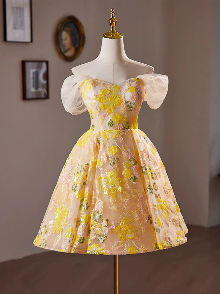 A-Line Off Shoulder Lace Yellow Short Prom Dress, Yellow Homecoming Dress Homecoming Dress BabaMila