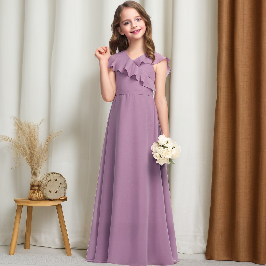 A-Line Cape V-Neck Simple Floor-Length Chiffon Junior Bridesmaid Dress/Girls Birthday Dresses With Belt Girls Gidiondress