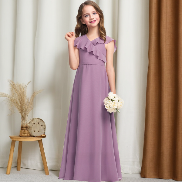 A-Line Cape V-Neck Simple Floor-Length Chiffon Junior Bridesmaid Dress/Girls Birthday Dresses With Belt Girls Gidiondress