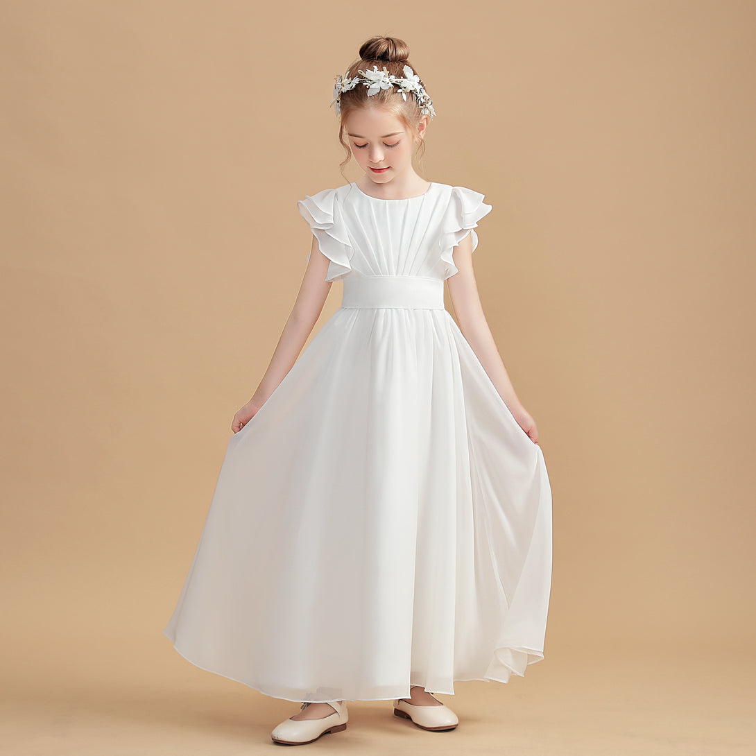 A-Line Flutter straps Scoop Neck Floor-Length Ivory Chiffon Flower Girl Dresses/First Communion Dress Gidiondress