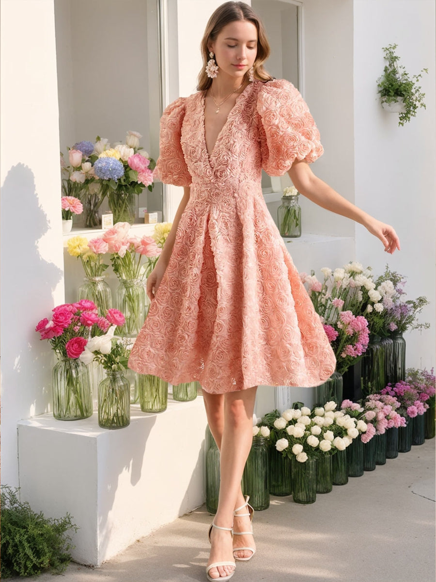 A-Line/Princess Puff Sleeve Deep V-Neck Floral Knee-Length Short/Mini Prom Dresses with Opened Back BabaMila