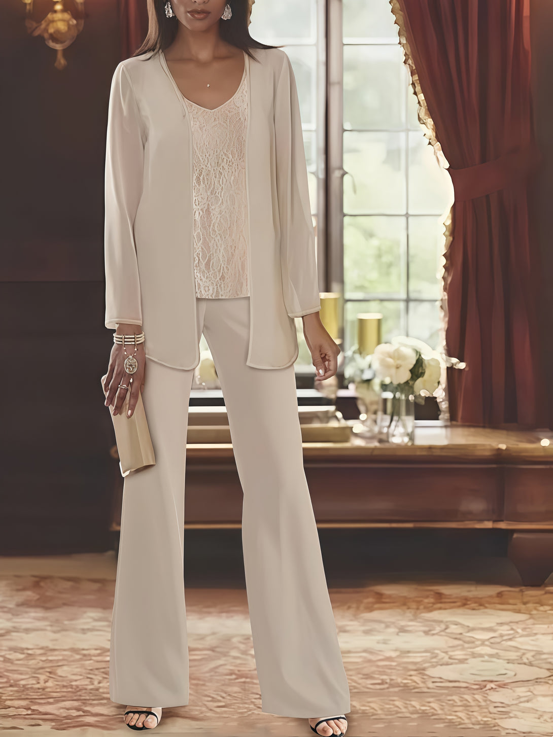 V-Neck Long Sleeve Ankel-Length Lace/Chiffon Mother of the Bride Pantsuits With Jacket BabaMila